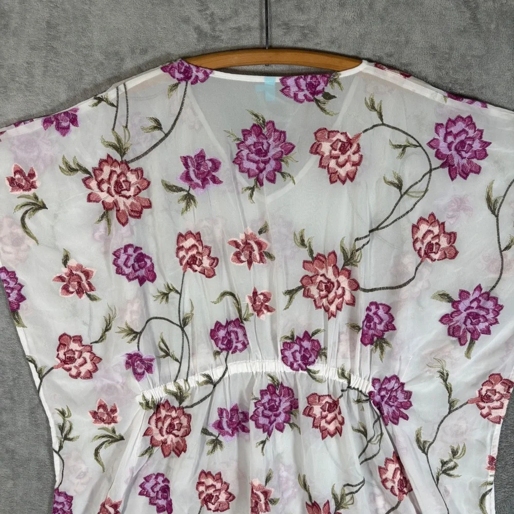 Letarte Luxe Floral Embroidered Tassel Kaftan Swim Cover Up White Pink Large